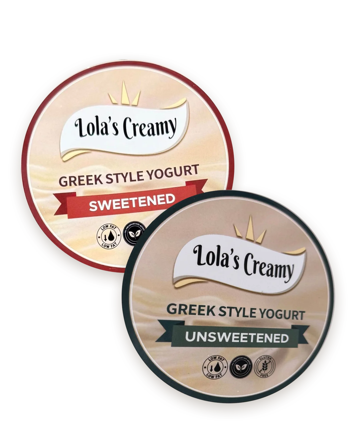 The lids of Lola's Creamy sweetened and unsweetened yogurt